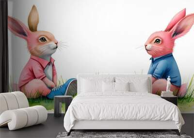 Joyful pink rabbit in blue shoes sitting on green grass, gazing towards the center, captured in a charming watercolor-style illustration on a white background Wall mural