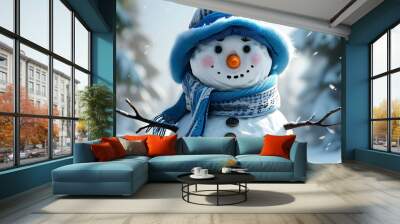 Joyful snowman adorned with a blue and white hat and scarf, proudly perched on a blanket of snow Wall mural