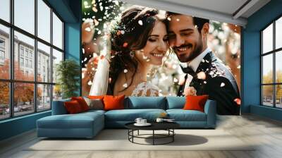 Joyful wedding ceremony with bride and groom surrounded by guests showering flower petals Wall mural