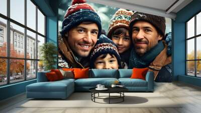 Joyful winter moments of a single father celebrating the magic of Christmas with his children, smiles and warmth amidst snow-covered beauty Wall mural