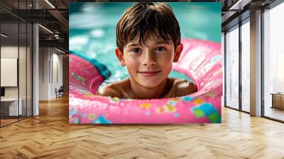 Joyful young boy in pink rubber swimming pool ring enjoying summer vacation at hotel club swimming pool Wall mural