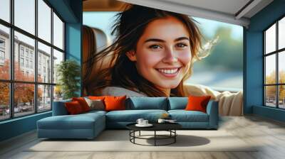 Joyful young woman driving through nature, embracing the freedom of an outdoor adventure in portrait mode Wall mural