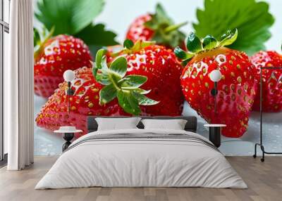 Juicy strawberry adorned with glistening water droplets on a pristine white backdrop, representing summer freshness in healthy food design Wall mural