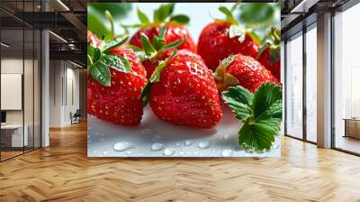 Juicy strawberry adorned with glistening water droplets on a pristine white backdrop, representing summer freshness in healthy food design Wall mural