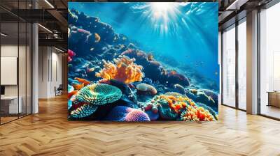 Lively underwater coral reef bathed in sunlight, showcasing a vibrant array of corals and diverse marine life swimming amidst crystal clear waters Wall mural