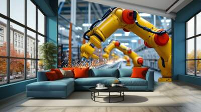 Logistics Robot Arm Enhancing Automation on the Assembly Line with AI-Driven Visuals Wall mural