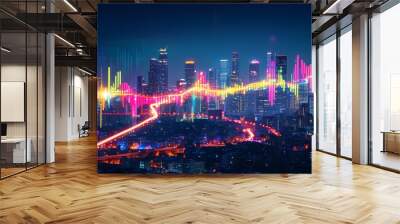 Luminous city nightscape bursting with vibrant lights, featuring a dynamic audio wave graphic that captures the essence of energy and nightlife. Wall mural