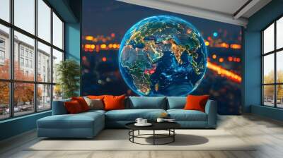 Luminous global cityscape at night, showcasing vibrant lights, illuminated streets, and distant moving vehicles in a glowing atmosphere. Wall mural