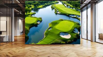 Lush green golf course with strategically placed holes and a winding river seen from above Wall mural