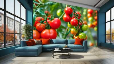 Lush organic tomato garden featuring ripe red and unripe green tomatoes among flourishing green vines Wall mural