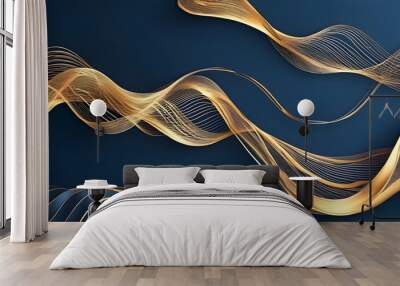 Luxurious wavy gold line background on dark blue wallpaper featuring abstract water motion in an aesthetic corporate style Wall mural