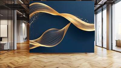 Luxurious wavy gold line background on dark blue wallpaper featuring abstract water motion in an aesthetic corporate style Wall mural