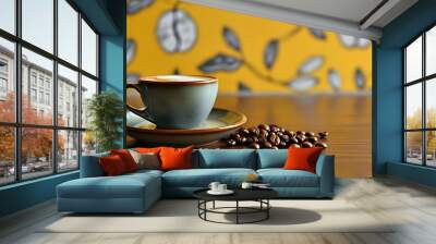 Macro shot of a coffee cup on a brown table adorned with coffee beans and vibrant yellow wallpaper in a cozy coffee shop setting Wall mural