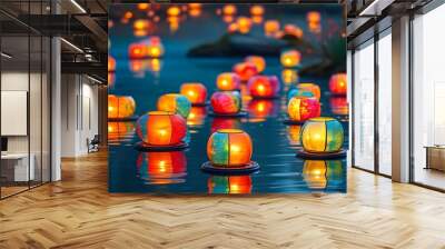 Magical evening of colorful lanterns floating on a serene pond, bathed in the warm glow of candlelight. Wall mural