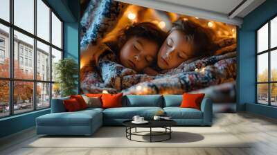 Magical Sleepover Scene with Children Snuggled in Blanket Fort Surrounded by Twinkling Fairy Lights Wall mural