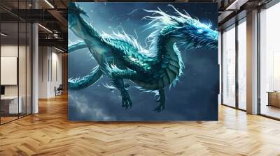 Majestic azure dragon gliding through the starry night, scales glistening like sapphires Wall mural