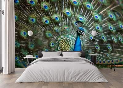 Majestic blue peacock showcasing its vibrant tail feathers in a breathtaking display Wall mural