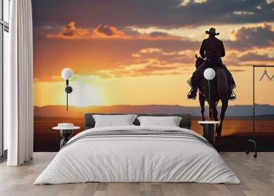 Majestic Cowboy on Horseback Against a Sunset Horizon with Expansive Copy Space and Rich Depth of Field Wall mural