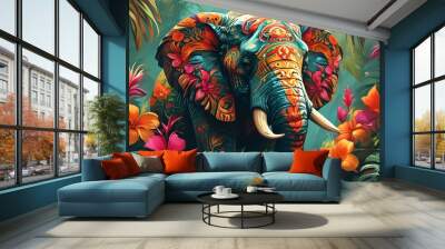 Majestic elephant adorned with intricate patterns amidst lush tropical flowers, symbolizing strength, wisdom, beauty, and exoticism in a vibrant digital illustration Wall mural