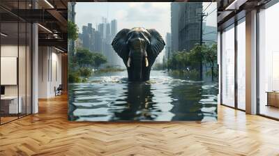 Majestic Elephant Amidst an Urban Flood: A Hyperrealistic Portrayal of Natures Triumph Over Submerged Cityscape Wall mural