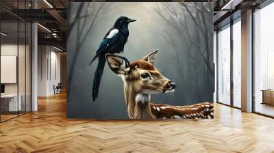 Majestic fallow deer stag with a perched magpie atop its head in a serene natural setting Wall mural