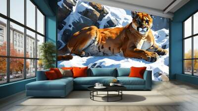 Majestic mountain lion lounging gracefully on snowy rocks in a stunning digital illustration Wall mural