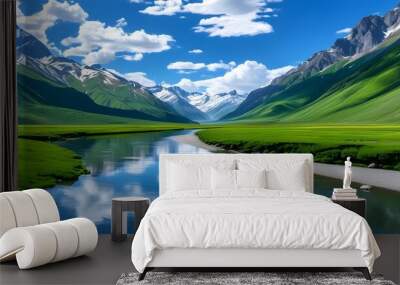 Majestic mountain scenery featuring a tranquil river winding through a lush green valley beneath a picturesque blue sky and fluffy clouds Wall mural