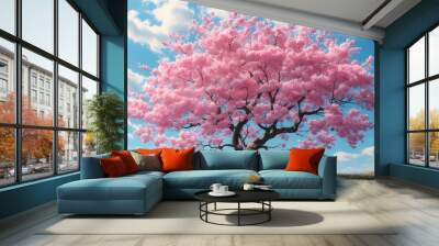 Majestic pink cherry blossom tree blooming under a vivid blue sky, embodying hope, renewal, and the beauty of springtime. Wall mural