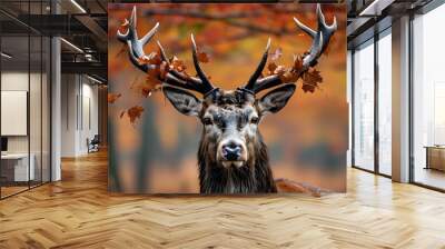 Majestic red deer stag adorned with autumn foliage on antlers during rut season Wall mural