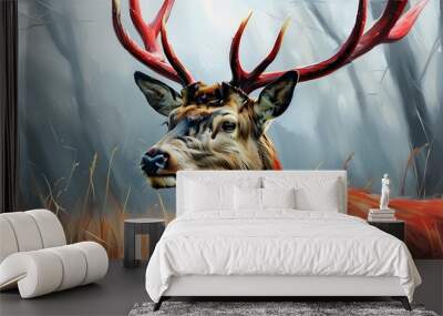 Majestic red deer stag adorned with velvet antlers in vibrant spring landscape Wall mural