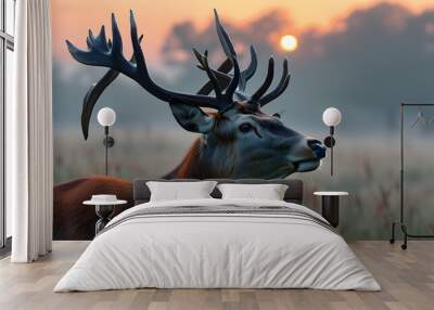 Majestic red deer stag with velvet antlers amidst a serene misty summer morning Wall mural