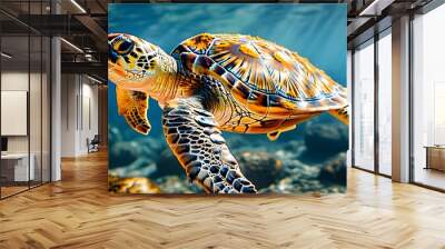 Majestic sea turtle gracefully swimming underwater, illuminated by sunlight, highlighting the intricate patterns of its shell and the allure of marine life. Wall mural