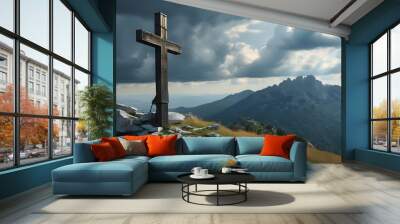 Majestic Solitary Cross on Golgotha Hill Surrounded by Dramatic Clouds Wall mural