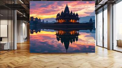 Majestic temple at sunrise reflecting beautifully in calm waters, highlighting stunning architecture amidst a serene landscape. Wall mural