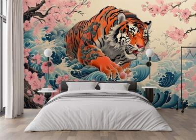 Majestic tiger rising from ocean waves, enveloped in vibrant cherry blossoms, showcasing intricate details in traditional Japanese tattoo artistry Wall mural