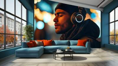 man immersed in music with headphones on Wall mural