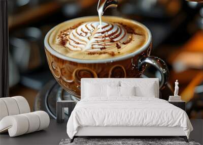 Masterful Cappuccino Creation with Elegant Foam Art in a Warm Cafe Atmosphere Wall mural