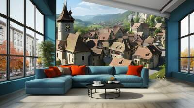 Medieval charm of Gruyeres village showcasing the castle, quaint houses, and Saint Theodule church bell tower in picturesque La Gruyere, Switzerland Wall mural