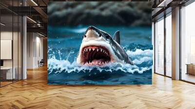 Mighty shark displaying fierce jaws in the depths of a rich blue ocean Wall mural