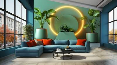 Minimalist 3D background with geometric shapes, neon plants on a shelf, and green foliage, creating a modern visual wallpaper idea. Wall mural