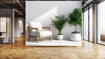 Minimalist interior design with a simple chair and potted plant on a clean white wall for a fresh and airy atmosphere. Wall mural