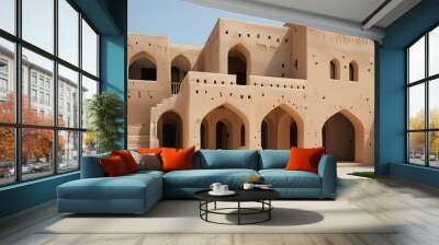 Minimalist portrayal of traditional Omani adobe architecture showcasing a staircase and arched doorway, reflecting Oman’s rich architectural heritage Wall mural