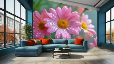 Minimalist wallpaper featuring pink flowers with water drops, colorful wildflowers, and daisies creating a beautiful garden backdrop for flower exhibitions Wall mural