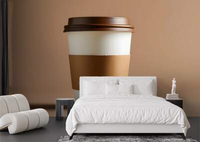 Minimalist white coffee cup with brown sleeve and lid on a clean surface Wall mural