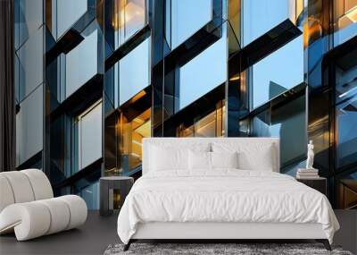 Modern architectural facade with striking geometric patterns and reflective glass in an urban landscape Wall mural