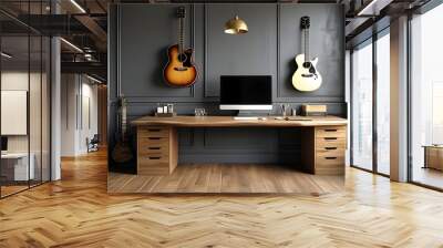 Modern home office featuring anthracite walls, honey maple desk, maple floor, widescreen monitor, and guitars artfully displayed on the wall Wall mural