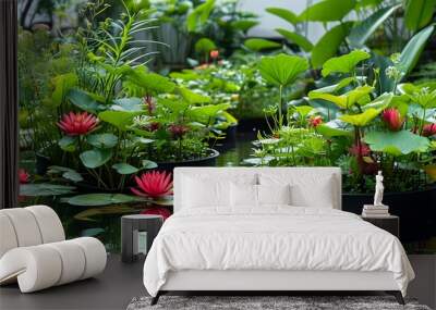 Modern minimalist pond adorned with vibrant aquatic plants in sleek black containers Wall mural