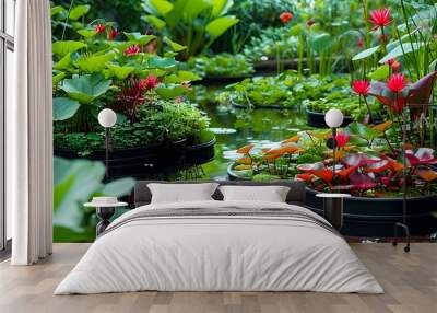 Modern minimalist pond adorned with vibrant aquatic plants in sleek black containers Wall mural