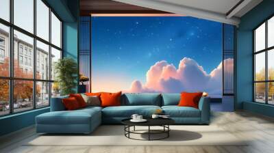 Modern podium beneath a starry sky with elegant cloud formations and minimalist design featuring soft shadows and clean, sharp aesthetics Wall mural