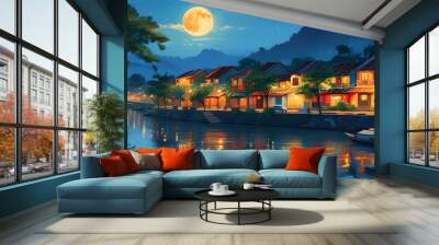 Moonlit Serenity of an Ancient Vietnamese Riverside Town in Generative Art Style Wall mural